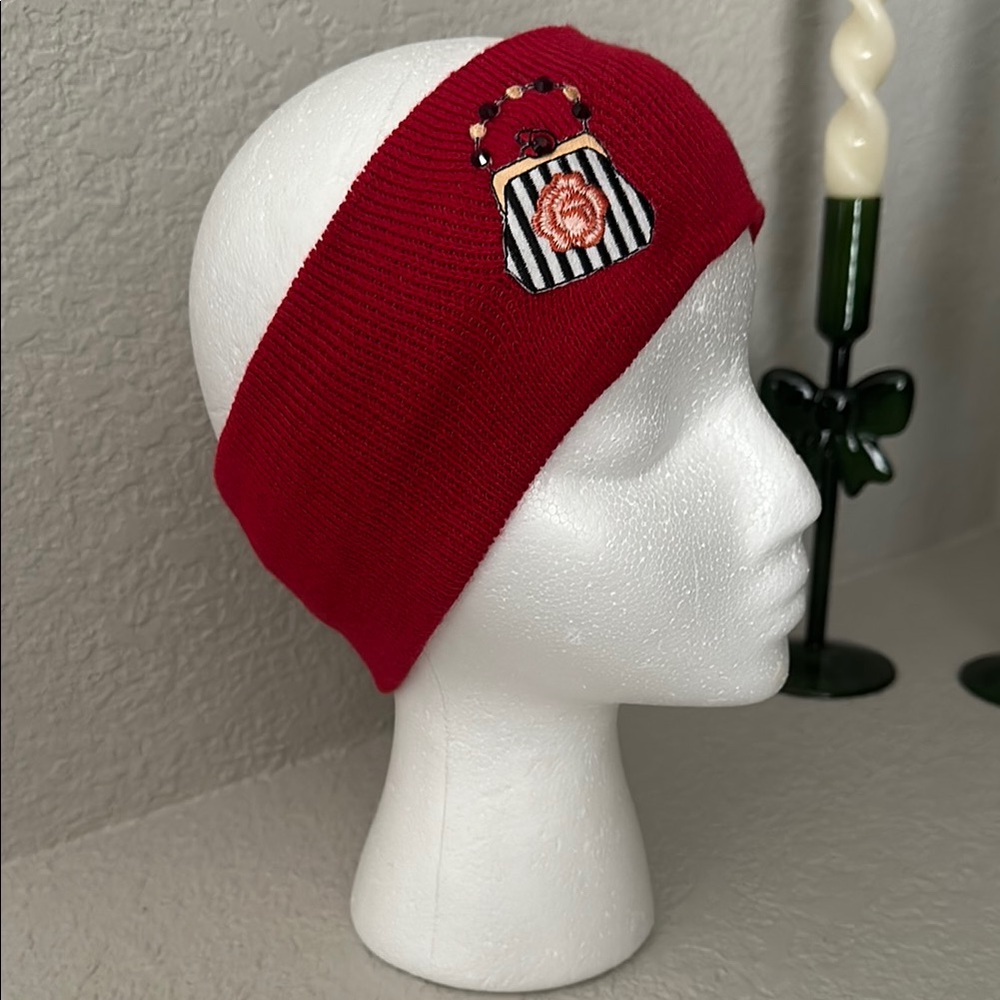 Red Knit Headband with Embroidered Design